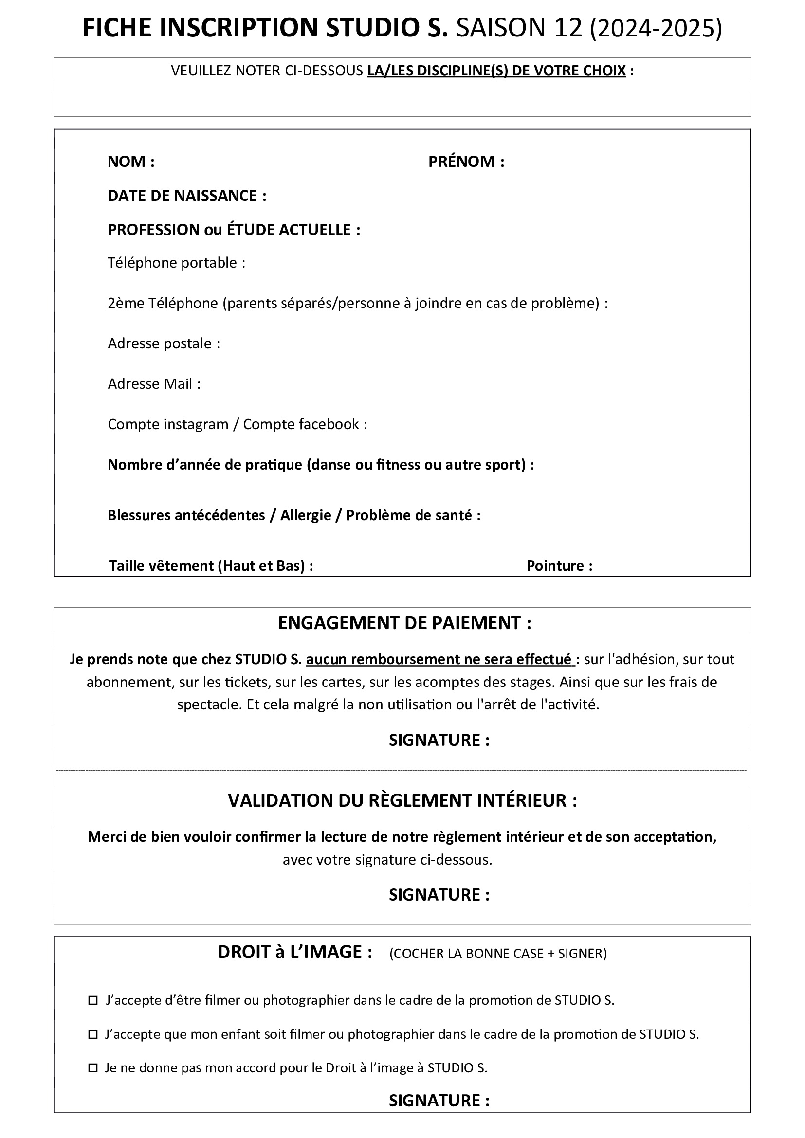 Document à imprimer et remplir (pour gagner du temps pour votre inscription)