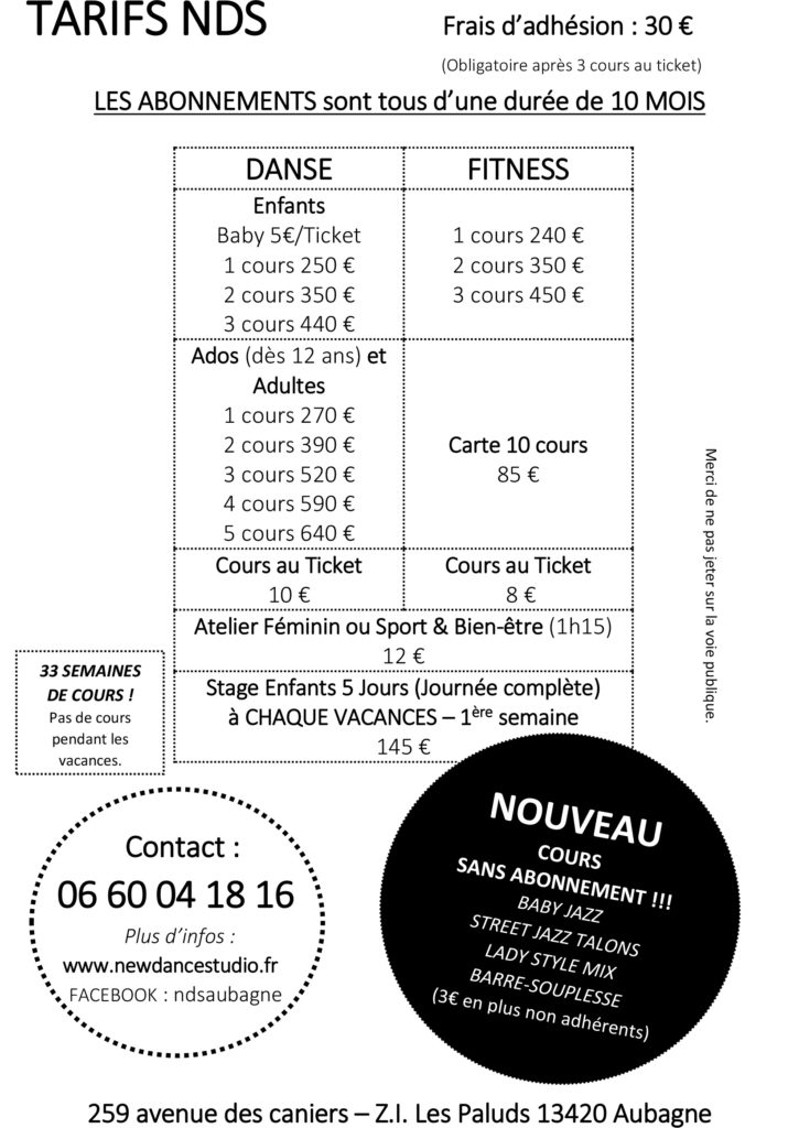 Tarification - New Dance Studio (NDS) - Cours d'essai gratuit !